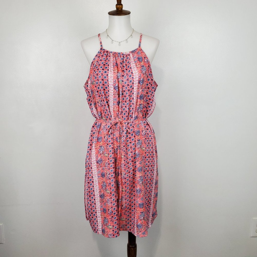 GAP Pink Blue Sleeveless Belted Halter Neck Summer Shift Dress With Pockets
